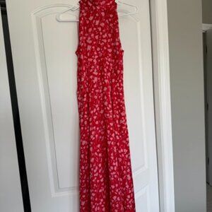 XS Zara Red Floral Satin Effect Halter Neck Tie Back Midi Dress